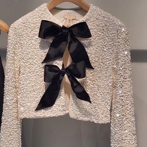 NWT VALENTINES LIMITED Tie-front Sequined Jacket Off White/black bow sz XS